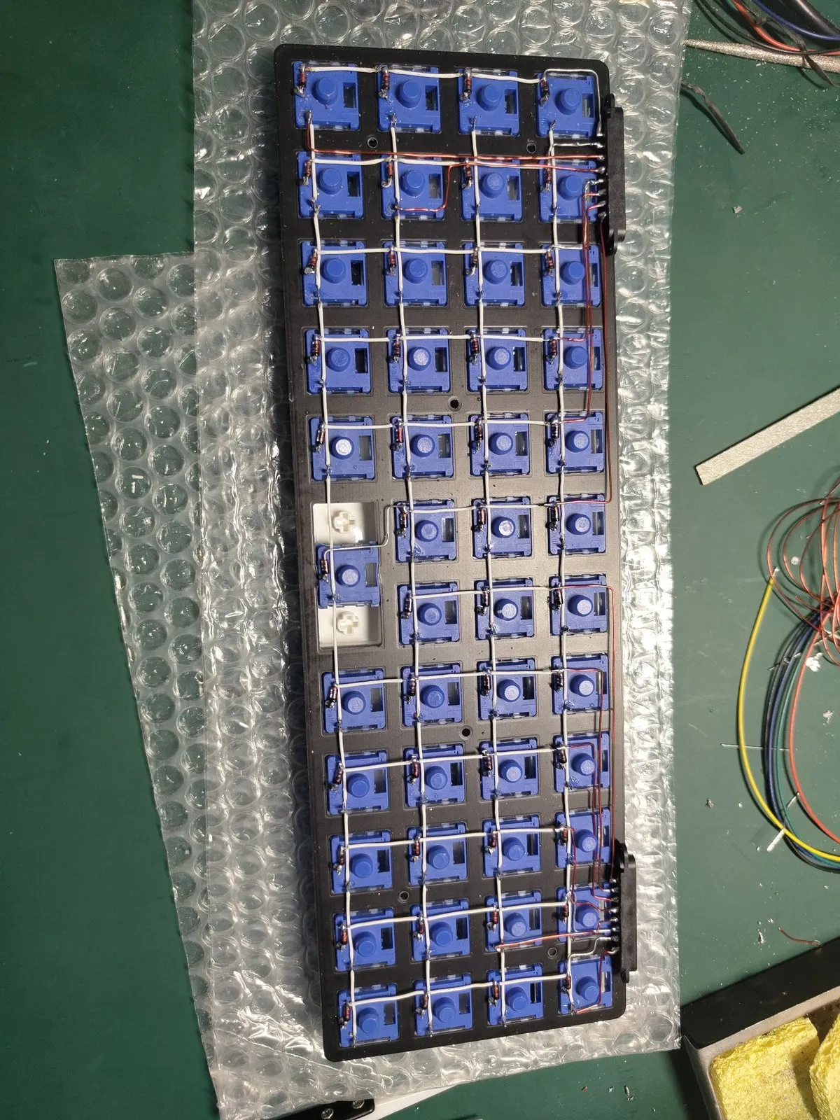 The finished matrix β 48 keys, diodes, both connectors wired, no controller anywhere